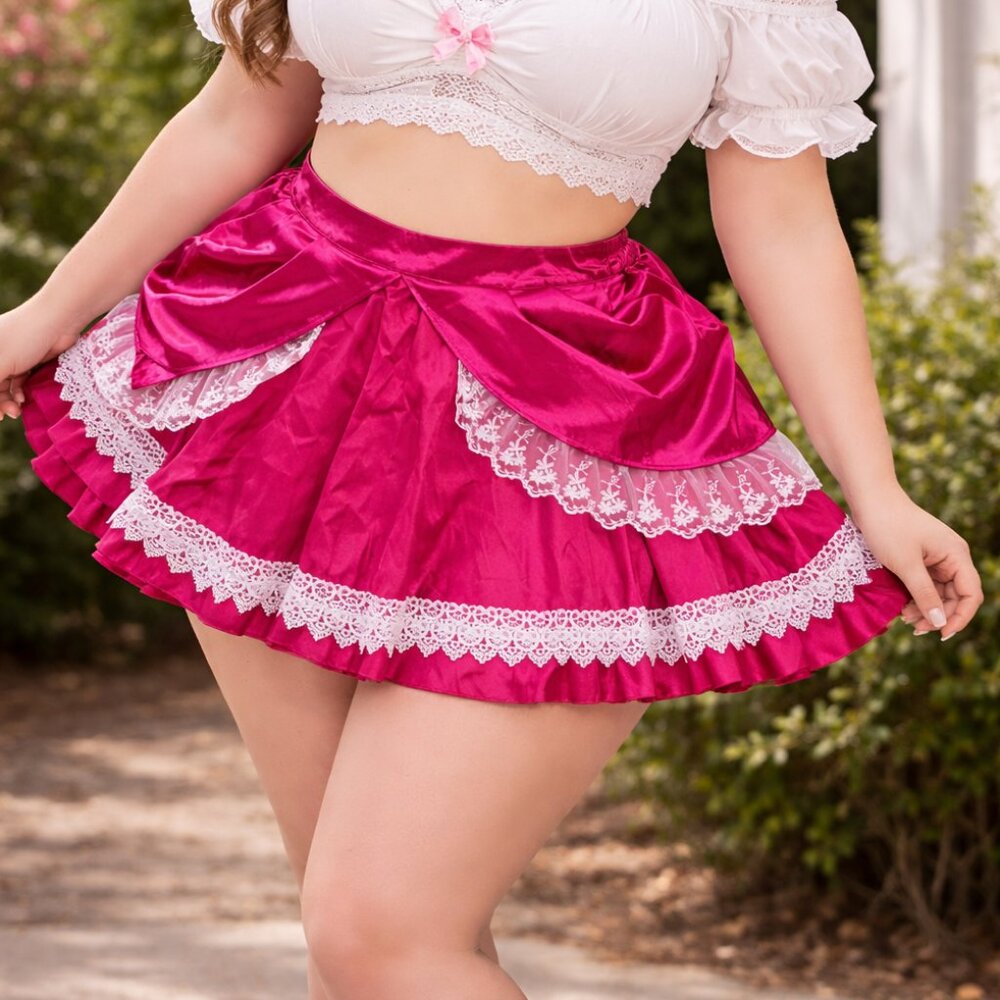Women's Pink Satin Lace Ruffle Mini Skirt Costume, 2XL
